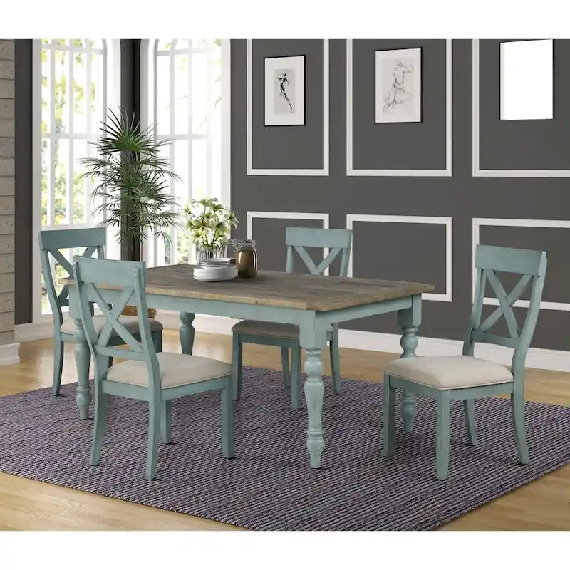 Two-Tone Wood Cross Back Upholstered Dining Chair Antique Blue Tan Fabric Seat