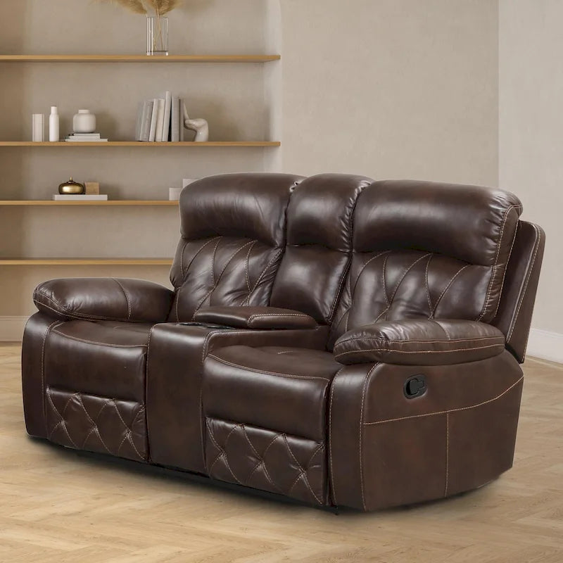 Brown Air Leather Manual Reclining Loveseat with Center Storage Console