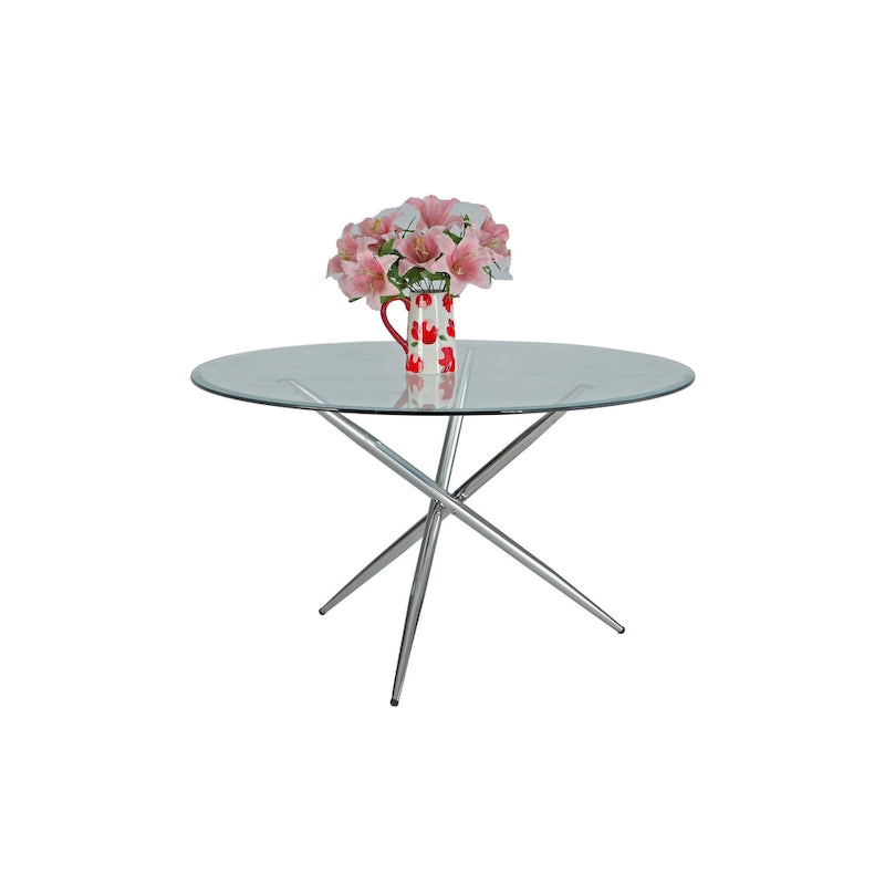 Round Clear Glass Dining Table with Criss Cross Polished Steel Base