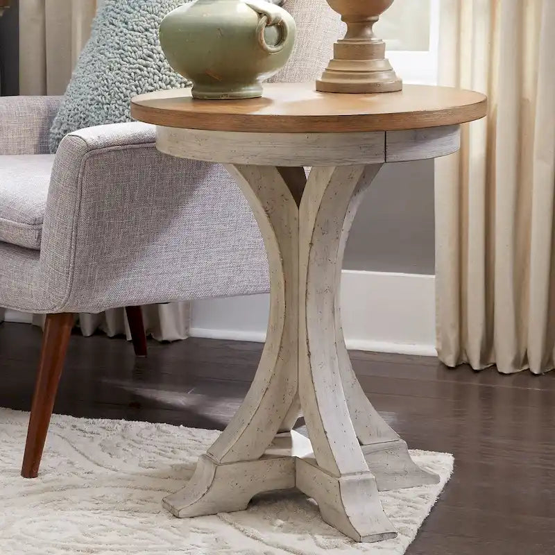 Antique White Round Chair Side Table with Chestnut Top and Tapered Legs