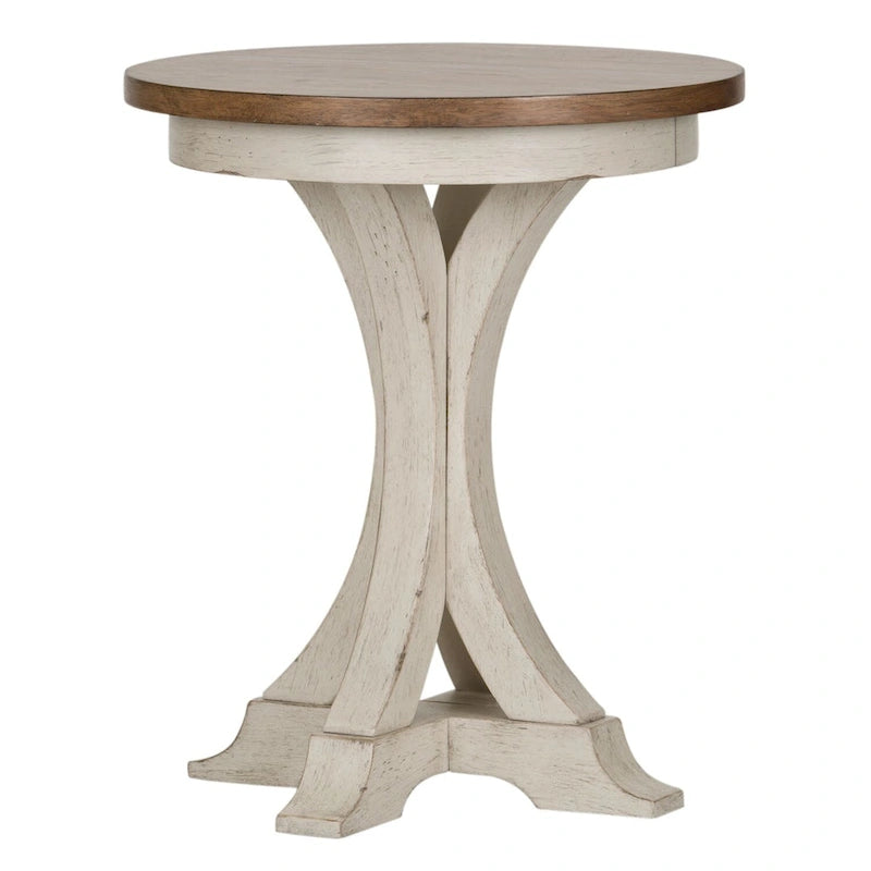 Antique White Round Chair Side Table with Chestnut Top and Tapered Legs