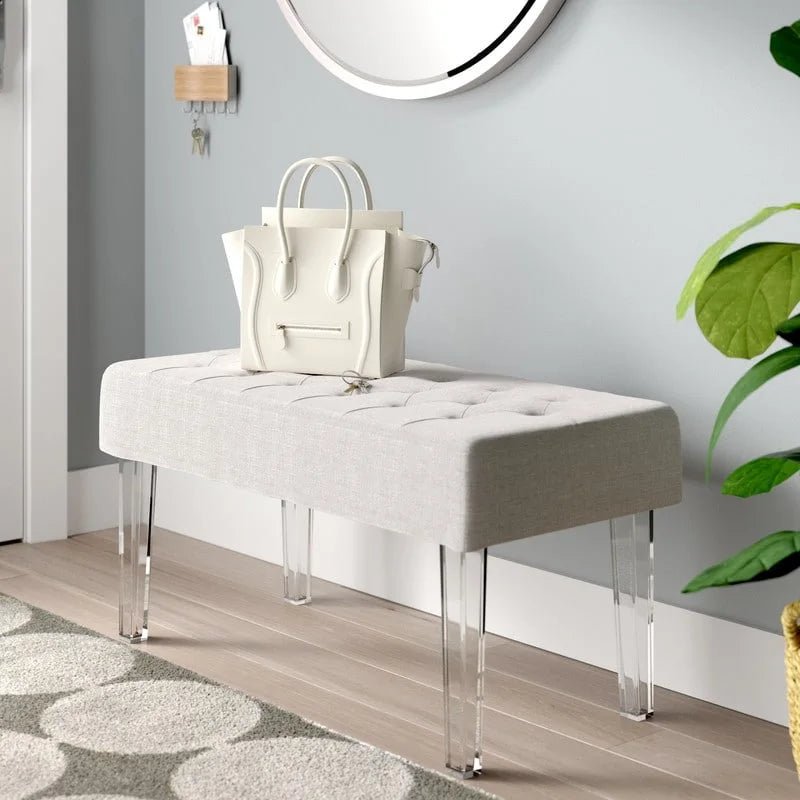 White Linen Weave Button Tufted Rectangular Bench with Clear Acrylic Legs