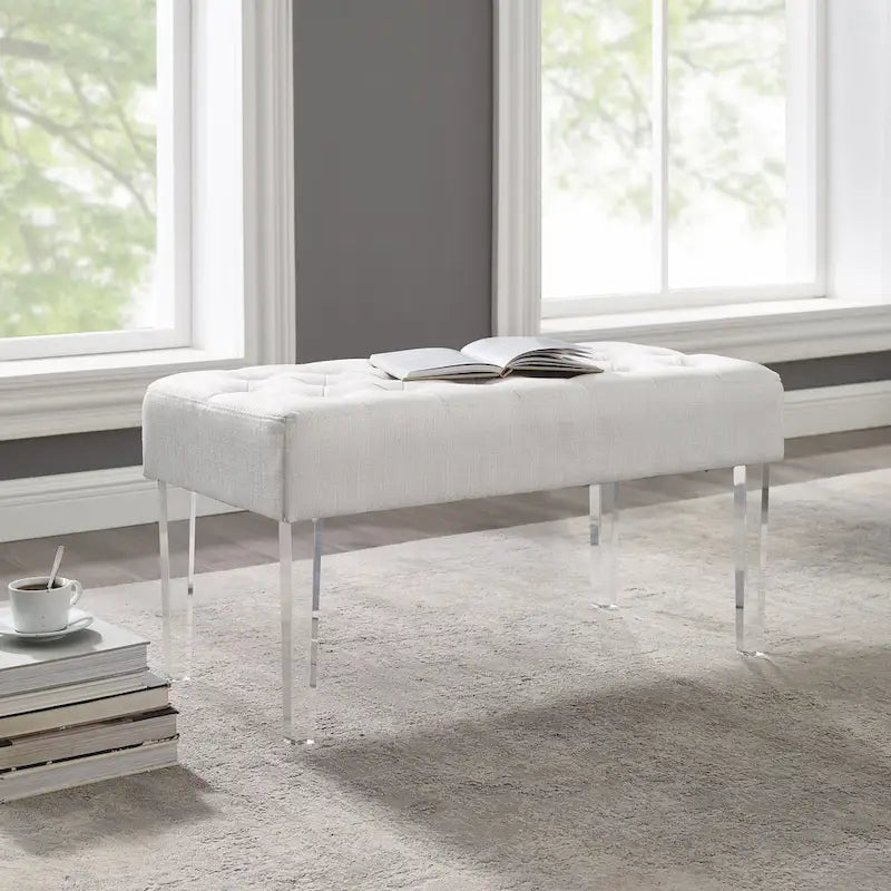 White Linen Weave Button Tufted Rectangular Bench with Clear Acrylic Legs