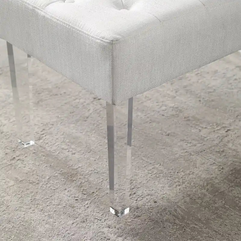 White Linen Weave Button Tufted Rectangular Bench with Clear Acrylic Legs
