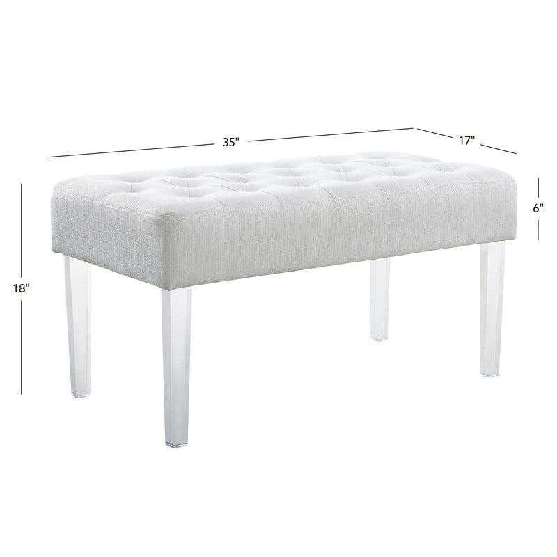 White Linen Weave Button Tufted Rectangular Bench with Clear Acrylic Legs