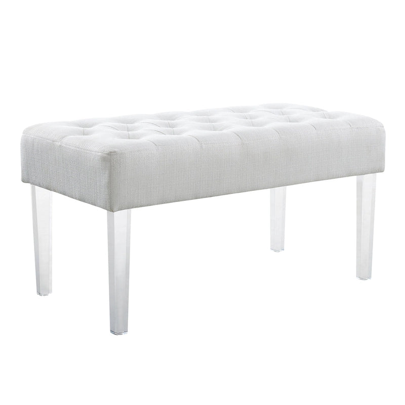 White Linen Weave Button Tufted Rectangular Bench with Clear Acrylic Legs
