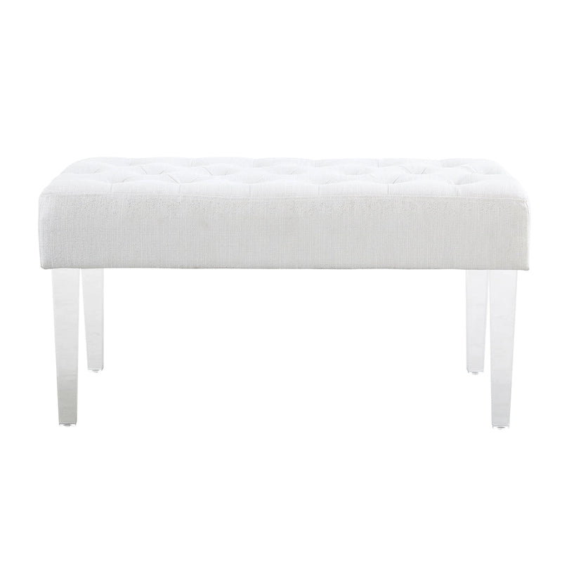 White Linen Weave Button Tufted Rectangular Bench with Clear Acrylic Legs