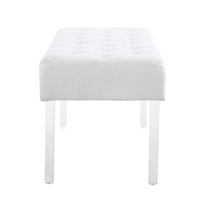 White Linen Weave Button Tufted Rectangular Bench with Clear Acrylic Legs