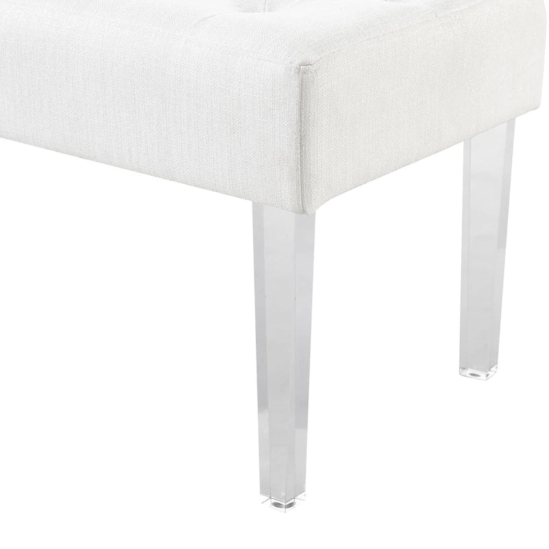 White Linen Weave Button Tufted Rectangular Bench with Clear Acrylic Legs