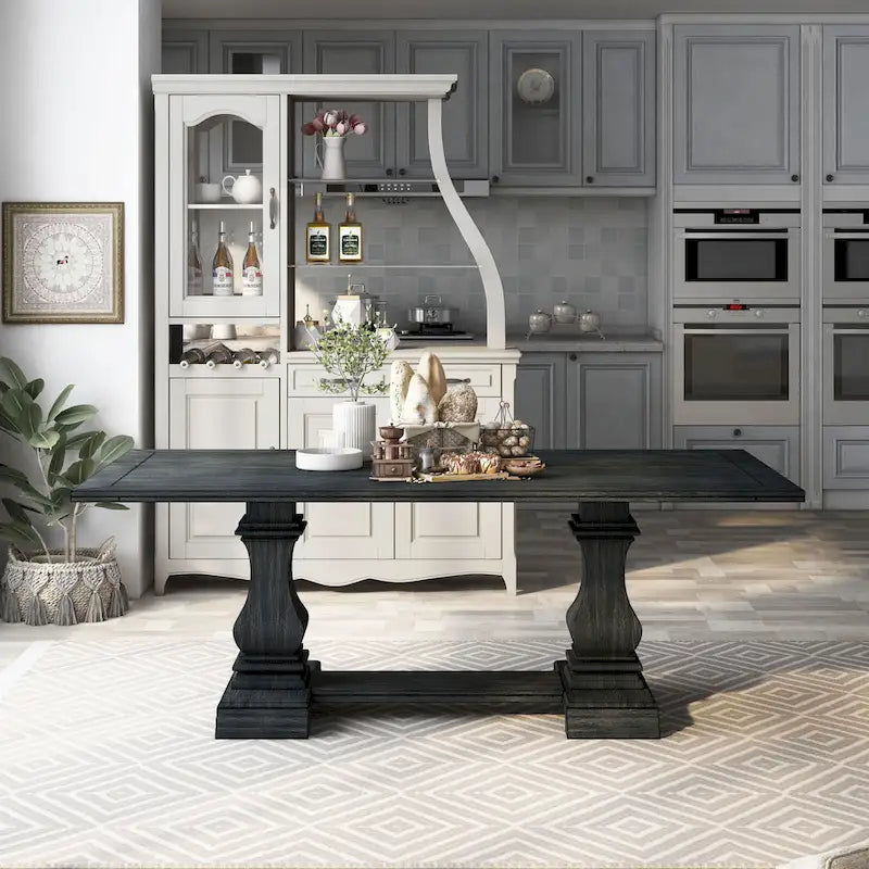 Antique Black Rectangular Dining Table with Carved Double Pedestal Base