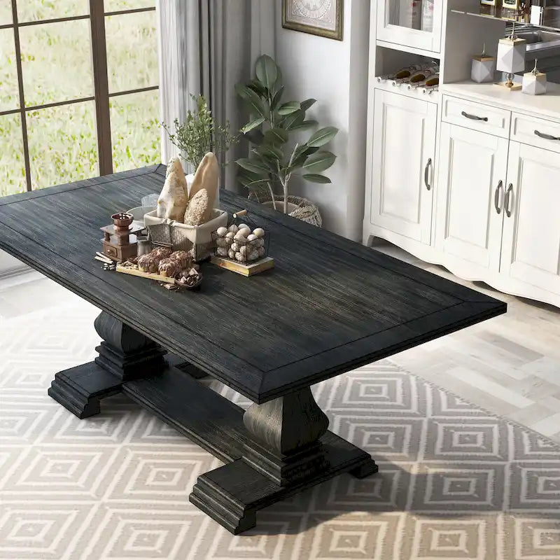 Antique Black Rectangular Dining Table with Carved Double Pedestal Base