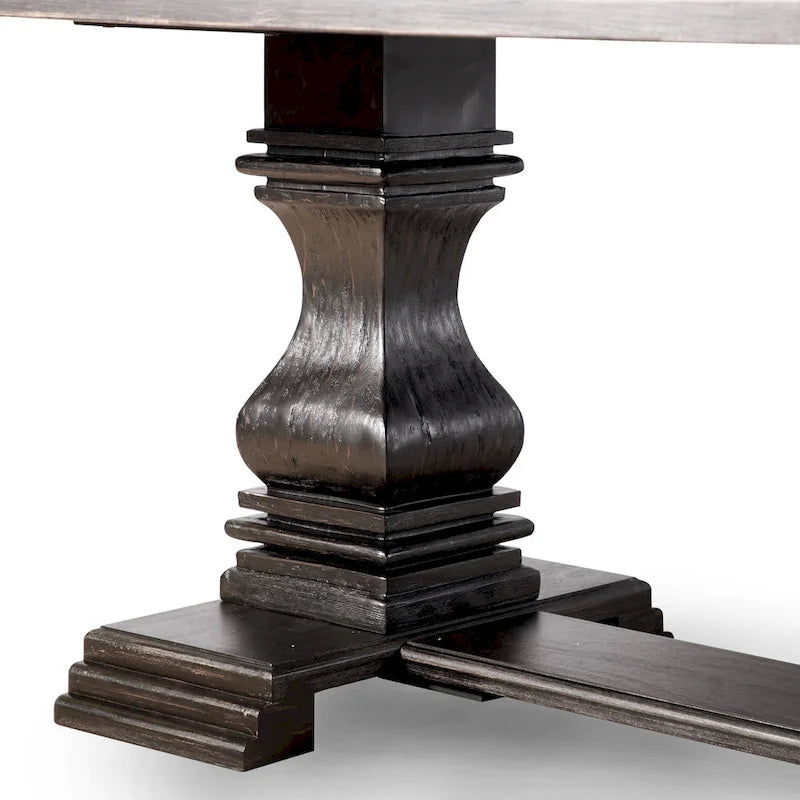 Antique Black Rectangular Dining Table with Carved Double Pedestal Base