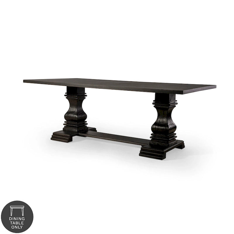 Antique Black Rectangular Dining Table with Carved Double Pedestal Base