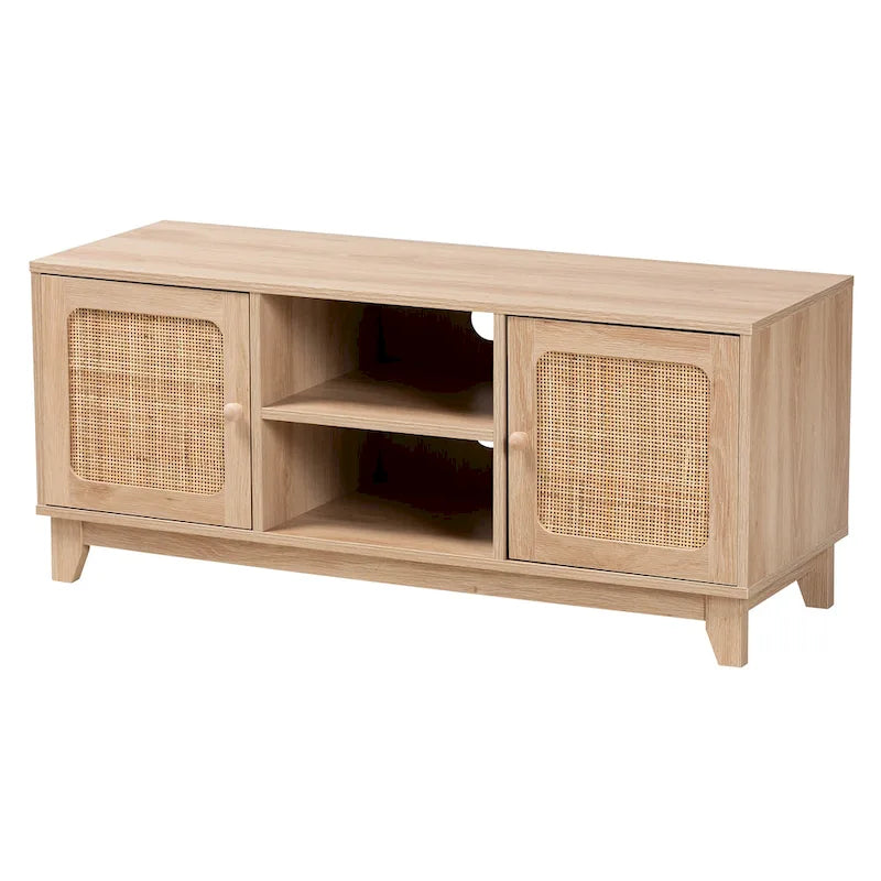 Mid-Century Modern Light Brown Wood and Natural Rattan 2-Door TV Cabinet with Open Shelves