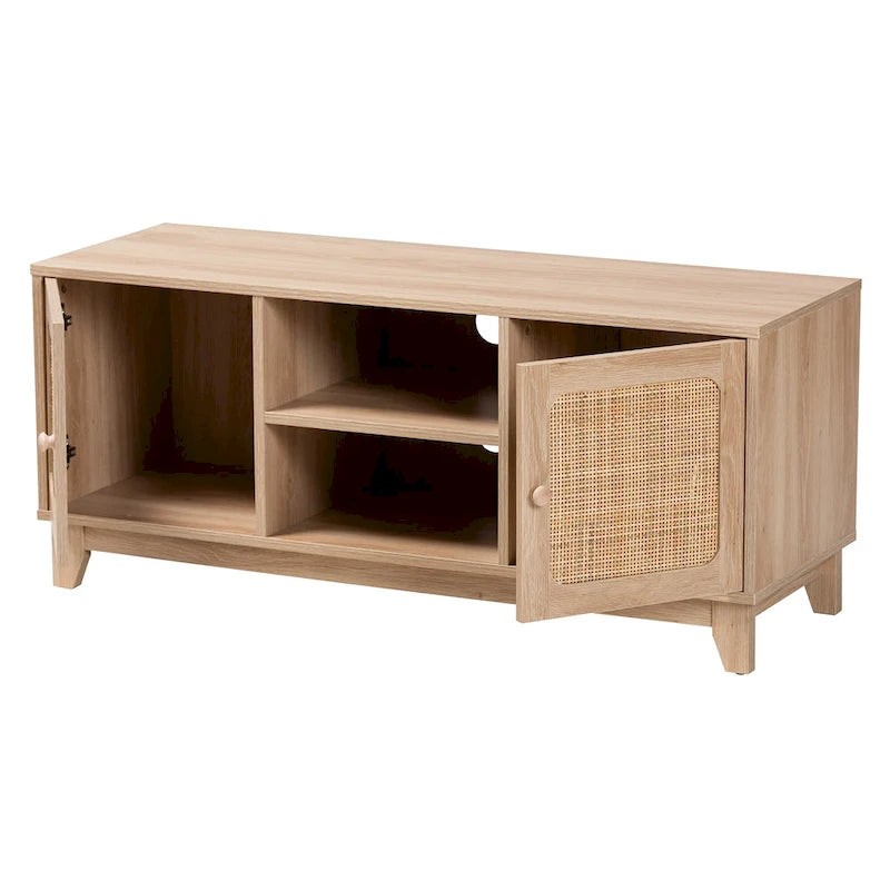 Mid-Century Modern Light Brown Wood and Natural Rattan 2-Door TV Cabinet with Open Shelves