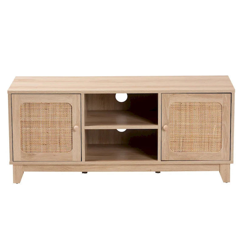Mid-Century Modern Light Brown Wood and Natural Rattan 2-Door TV Cabinet with Open Shelves