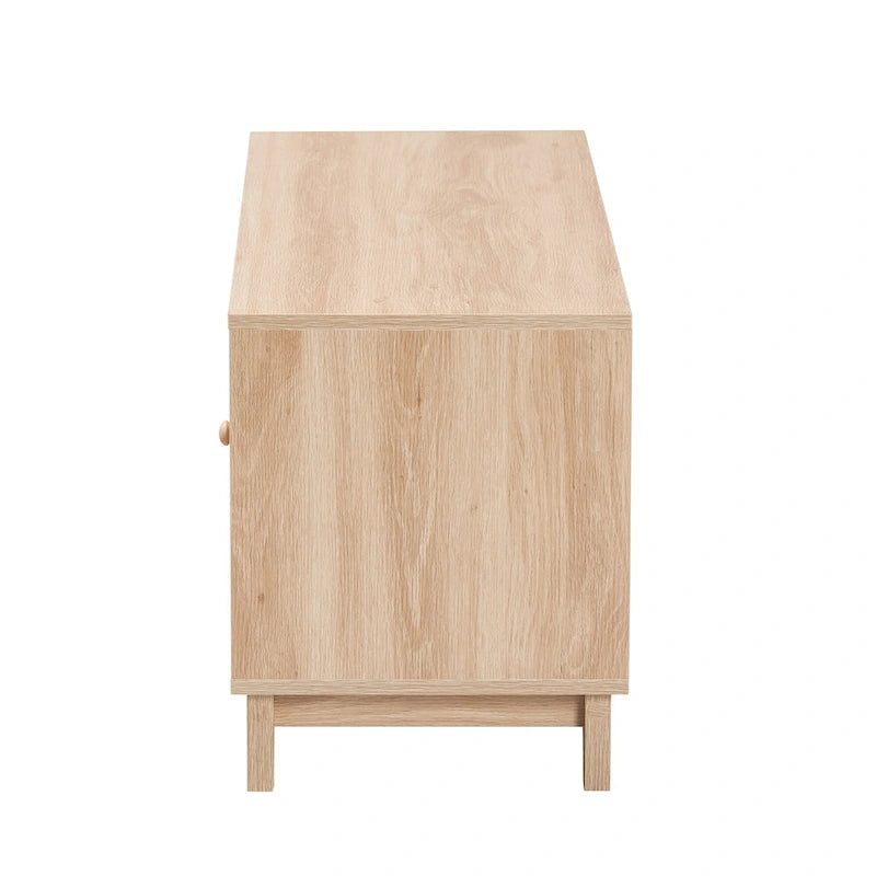 Mid-Century Modern Light Brown Wood and Natural Rattan 2-Door TV Cabinet with Open Shelves