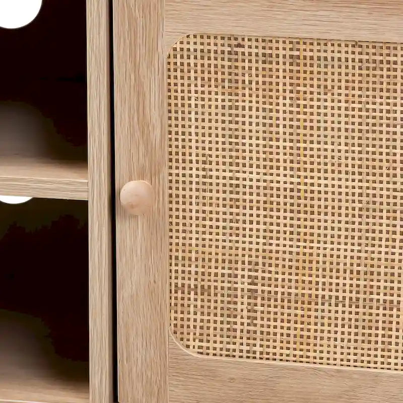 Mid-Century Modern Light Brown Wood and Natural Rattan 2-Door TV Cabinet with Open Shelves