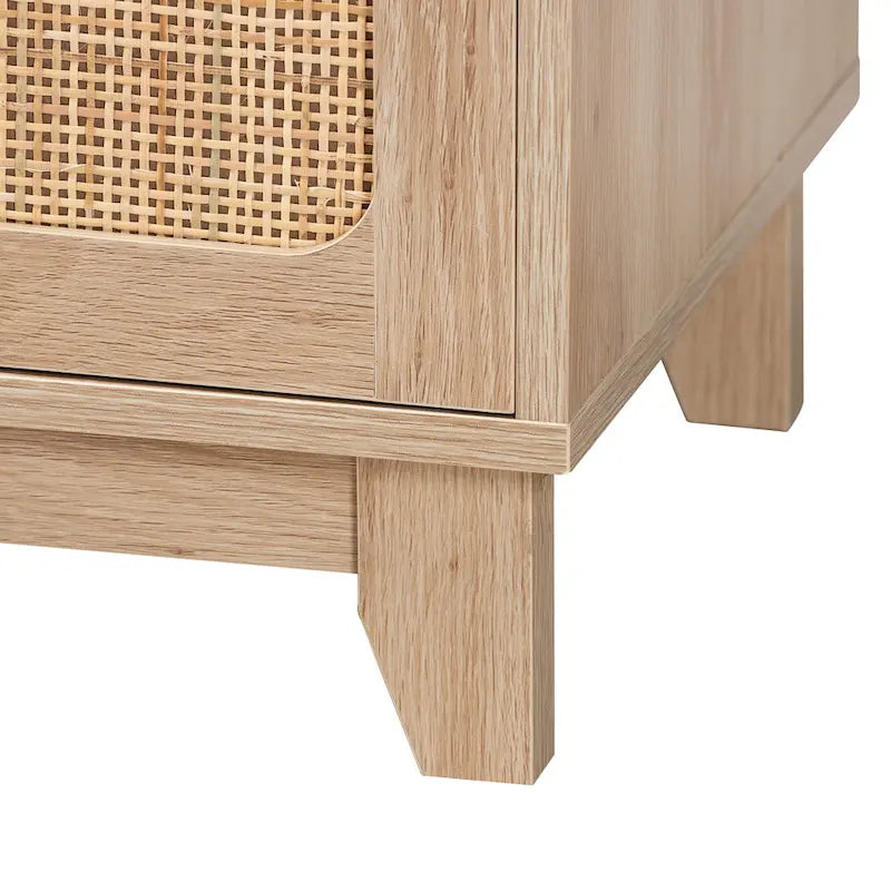 Mid-Century Modern Light Brown Wood and Natural Rattan 2-Door TV Cabinet with Open Shelves