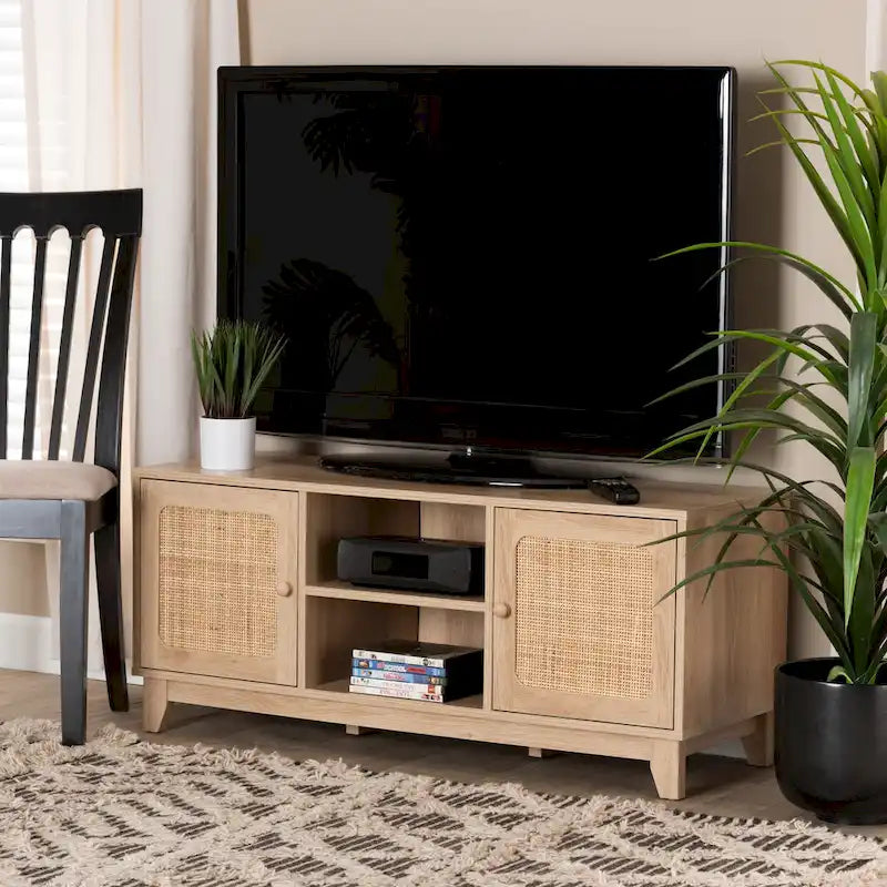 Mid-Century Modern Light Brown Wood and Natural Rattan 2-Door TV Cabinet with Open Shelves