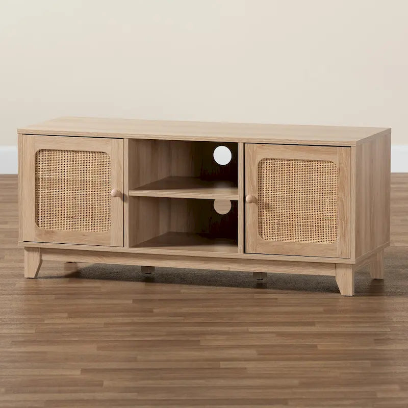 Mid-Century Modern Light Brown Wood and Natural Rattan 2-Door TV Cabinet with Open Shelves