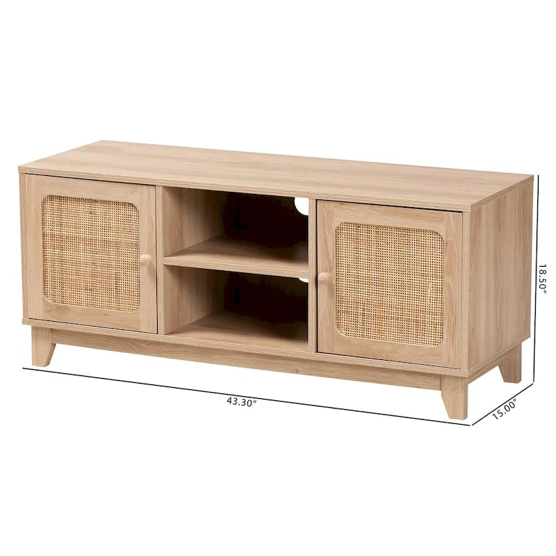 Mid-Century Modern Light Brown Wood and Natural Rattan 2-Door TV Cabinet with Open Shelves