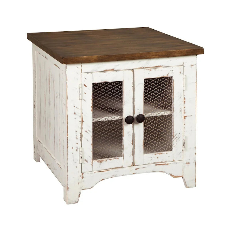 Ivory and Brown Pine Wood End Table with Metal Mesh Cabinet Doors