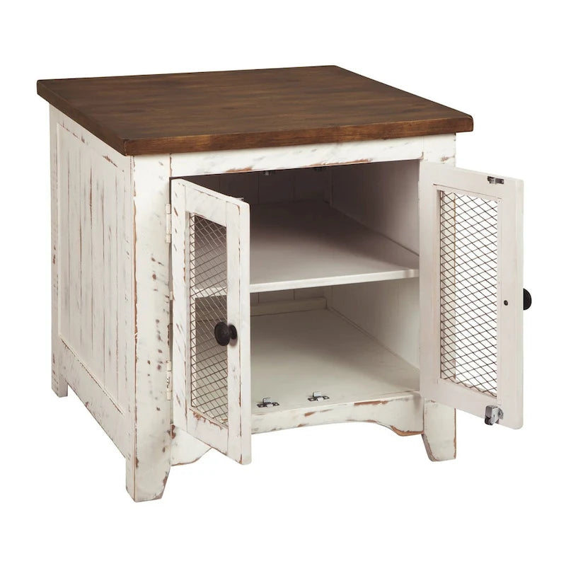Ivory and Brown Pine Wood End Table with Metal Mesh Cabinet Doors