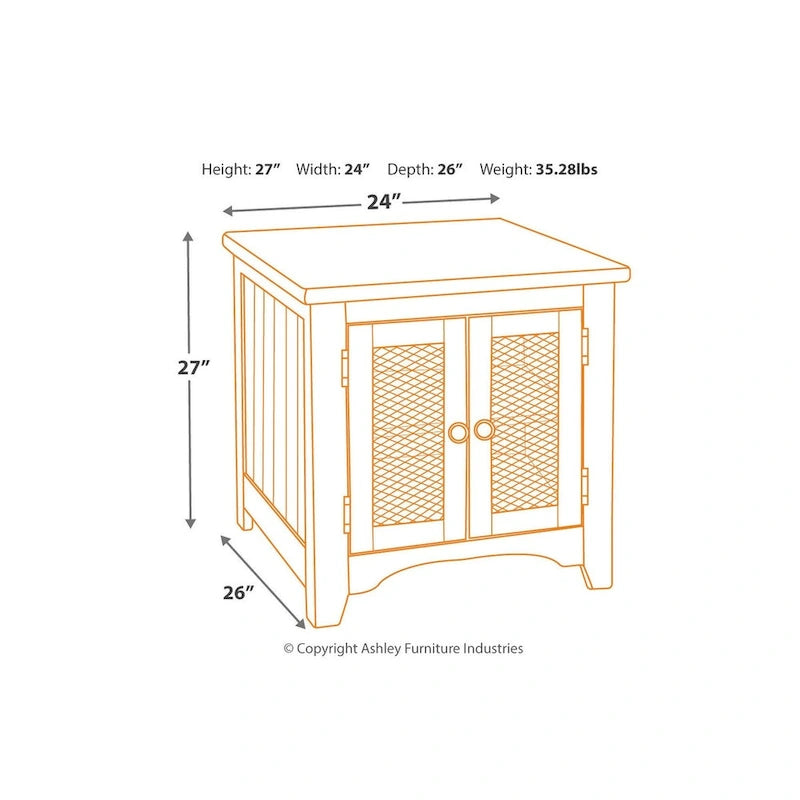 Ivory and Brown Pine Wood End Table with Metal Mesh Cabinet Doors