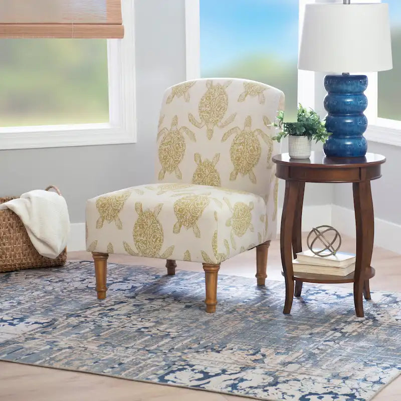 Coastal Turtle Print Armless Accent Chair with Turned Wood Legs, Mustard and Cream