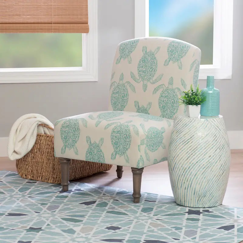 Coastal Turtle Print Armless Accent Chair with Turned Wood Legs, Mustard and Cream