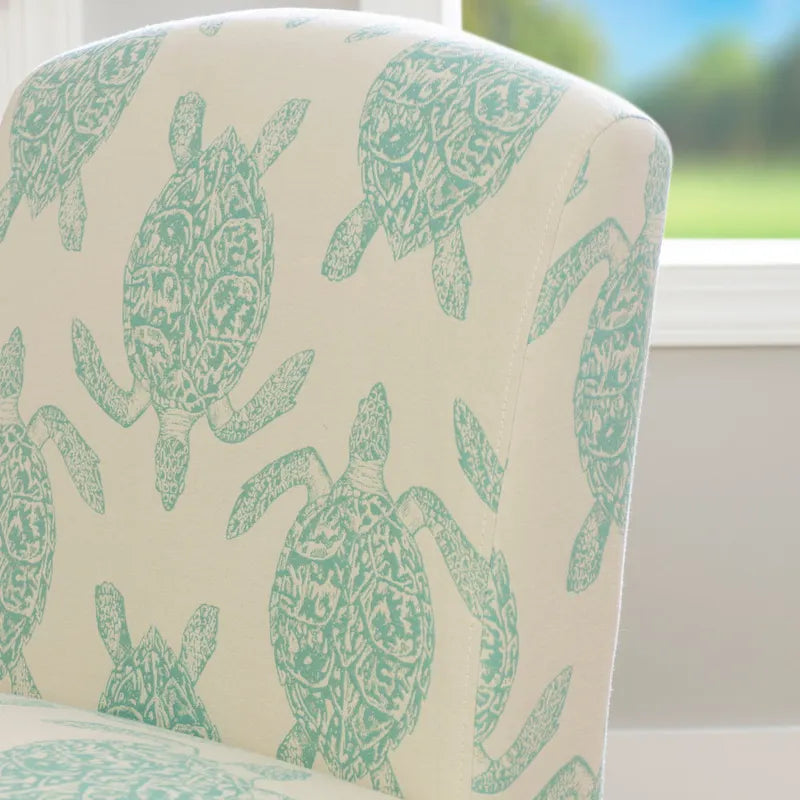 Coastal Turtle Print Armless Accent Chair with Turned Wood Legs, Mustard and Cream
