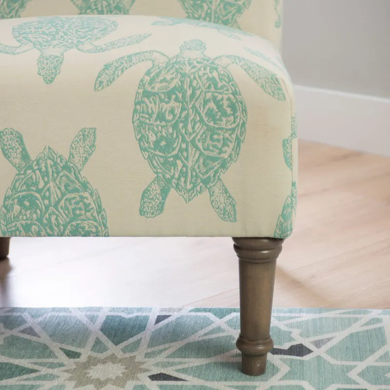 Coastal Turtle Print Armless Accent Chair with Turned Wood Legs, Mustard and Cream