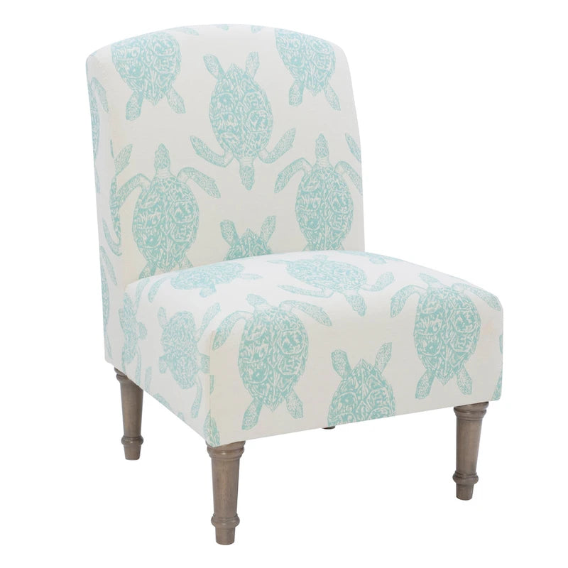 Coastal Turtle Print Armless Accent Chair with Turned Wood Legs, Mustard and Cream