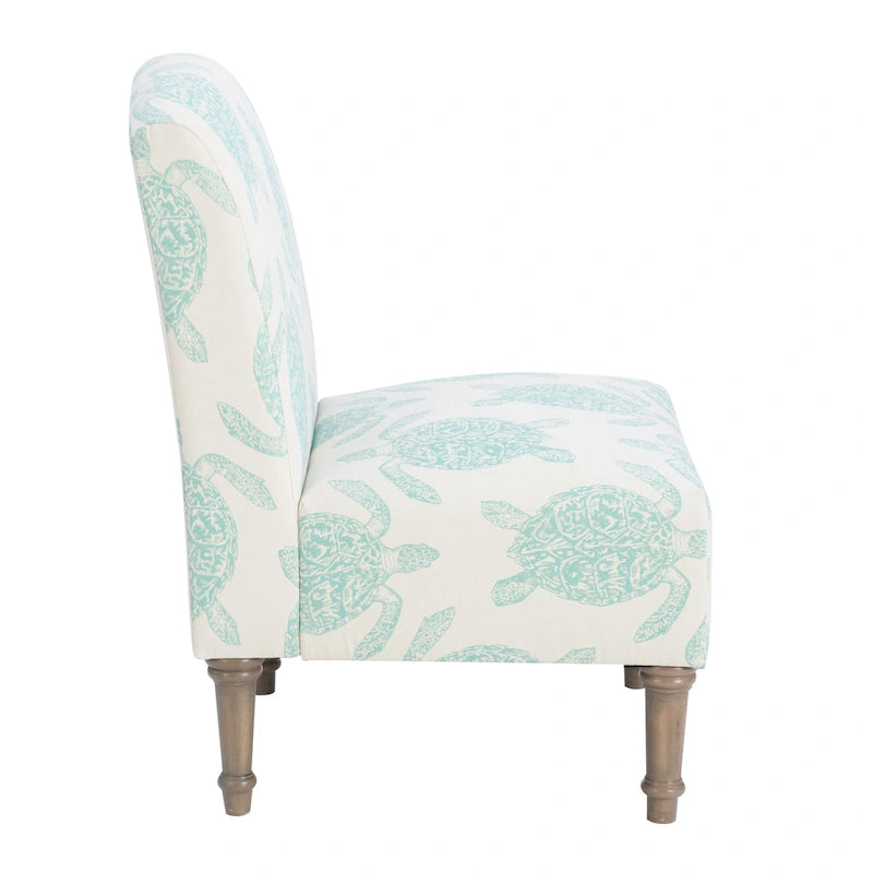Coastal Turtle Print Armless Accent Chair with Turned Wood Legs, Mustard and Cream