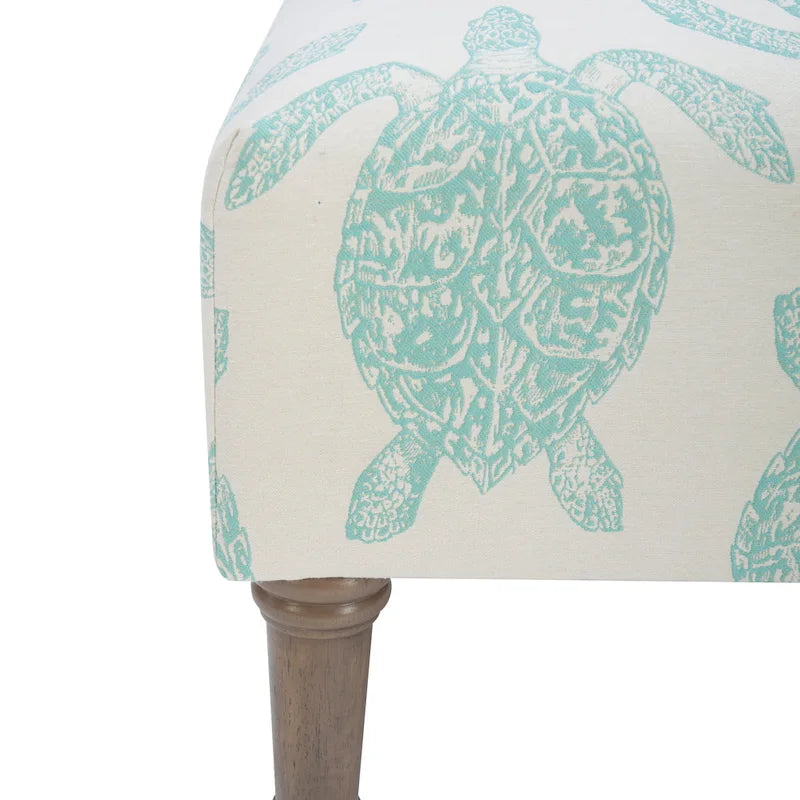 Coastal Turtle Print Armless Accent Chair with Turned Wood Legs, Mustard and Cream