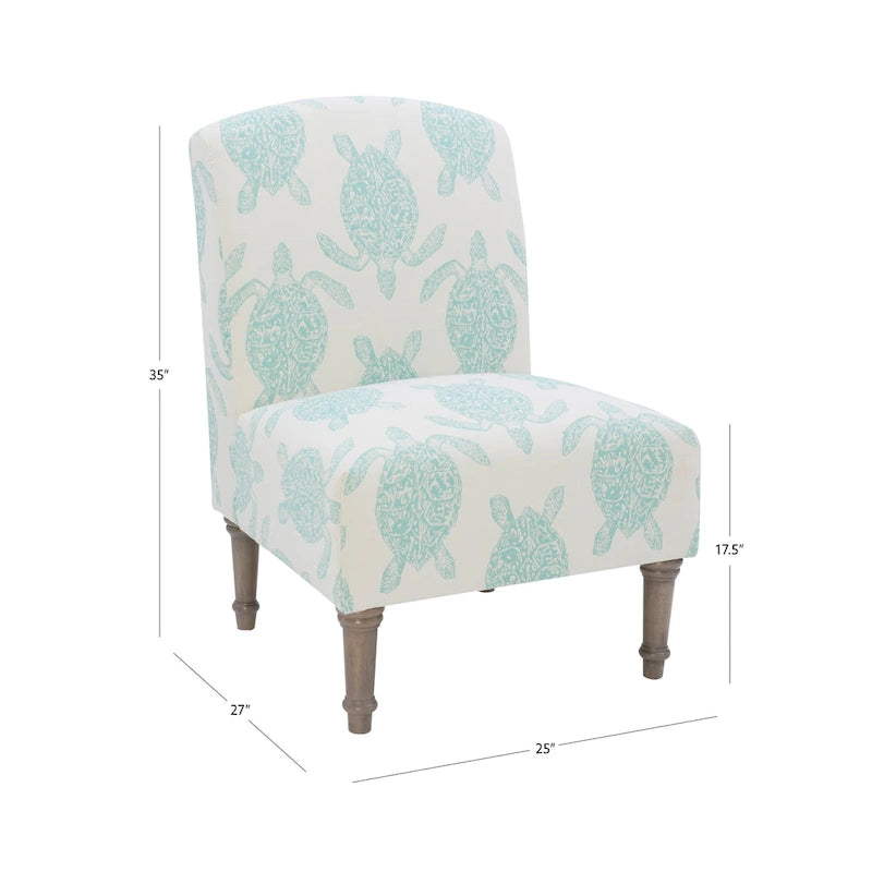 Coastal Turtle Print Armless Accent Chair with Turned Wood Legs, Mustard and Cream