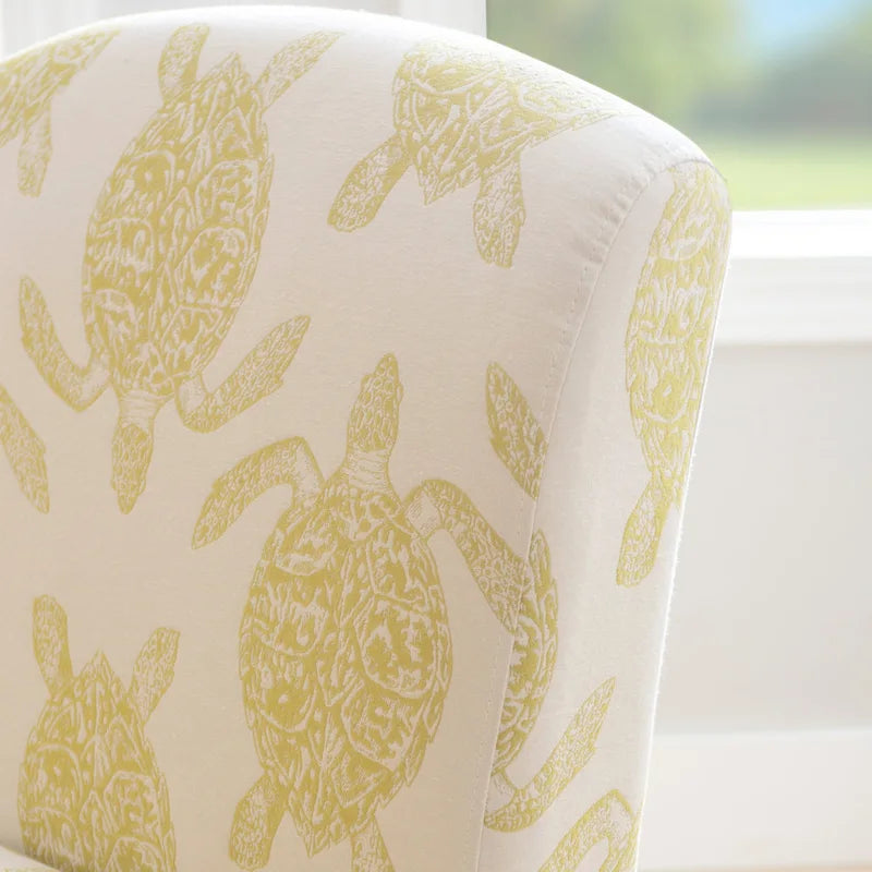 Coastal Turtle Print Armless Accent Chair with Turned Wood Legs, Mustard and Cream