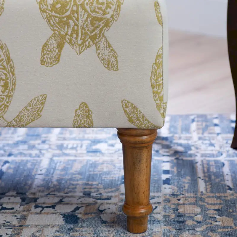Coastal Turtle Print Armless Accent Chair with Turned Wood Legs, Mustard and Cream