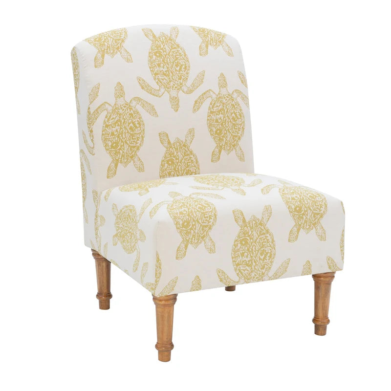 Coastal Turtle Print Armless Accent Chair with Turned Wood Legs, Mustard and Cream