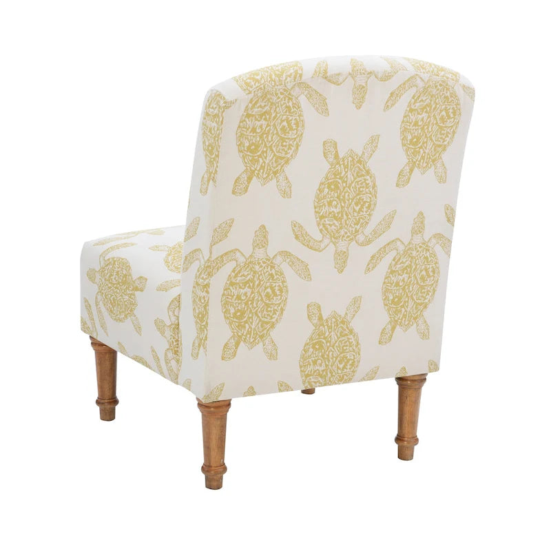Coastal Turtle Print Armless Accent Chair with Turned Wood Legs, Mustard and Cream