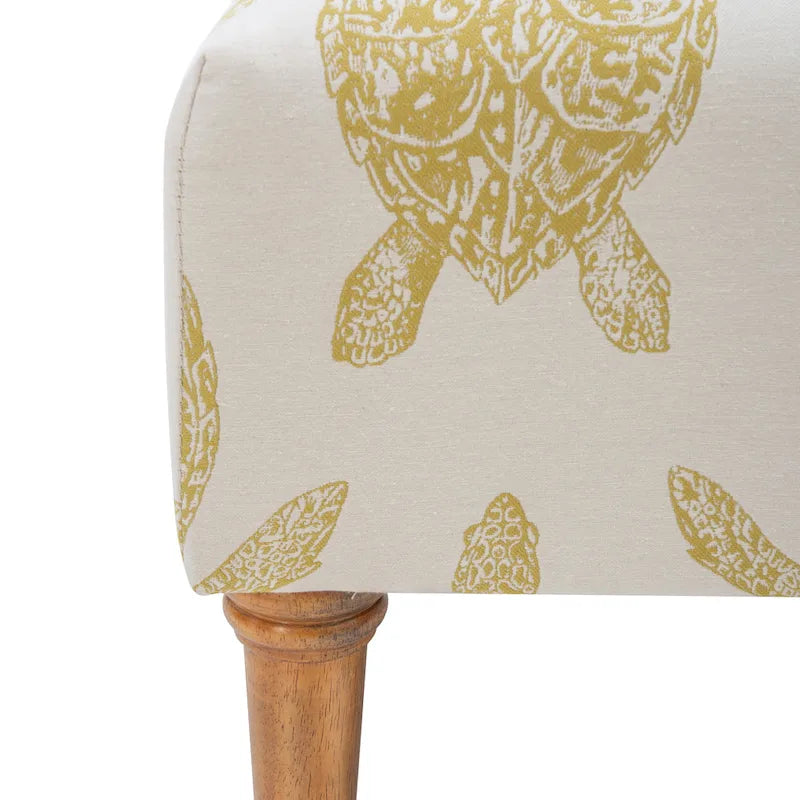 Coastal Turtle Print Armless Accent Chair with Turned Wood Legs, Mustard and Cream