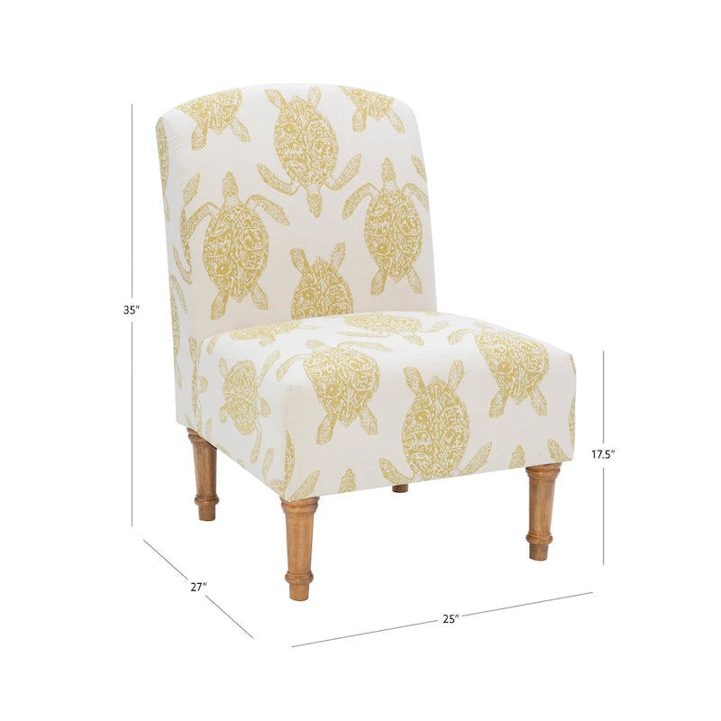 Coastal Turtle Print Armless Accent Chair with Turned Wood Legs, Mustard and Cream