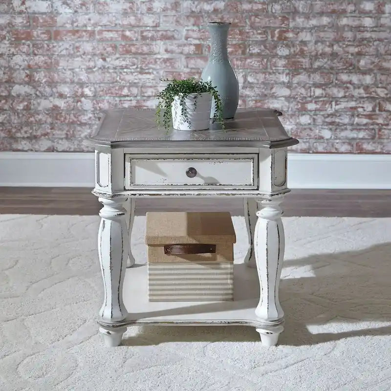 Antique White Distressed Wood End Table with Drawer and Lower Shelf