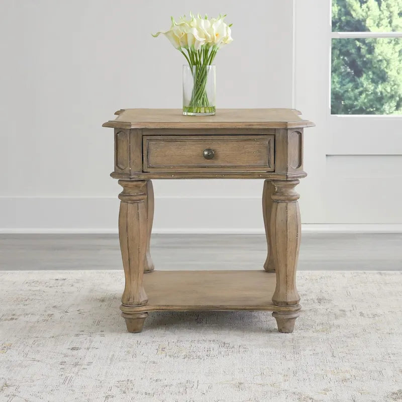Antique White Distressed Wood End Table with Drawer and Lower Shelf
