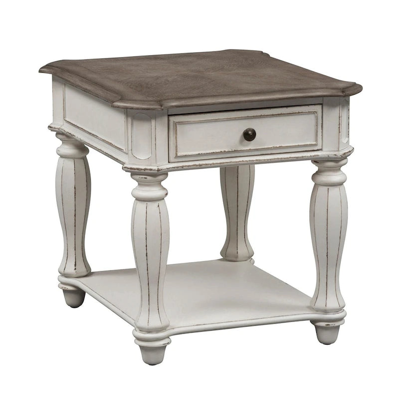 Antique White Distressed Wood End Table with Drawer and Lower Shelf