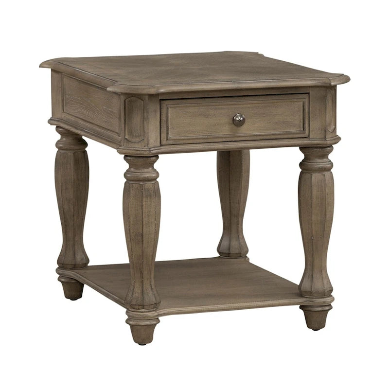 Antique White Distressed Wood End Table with Drawer and Lower Shelf