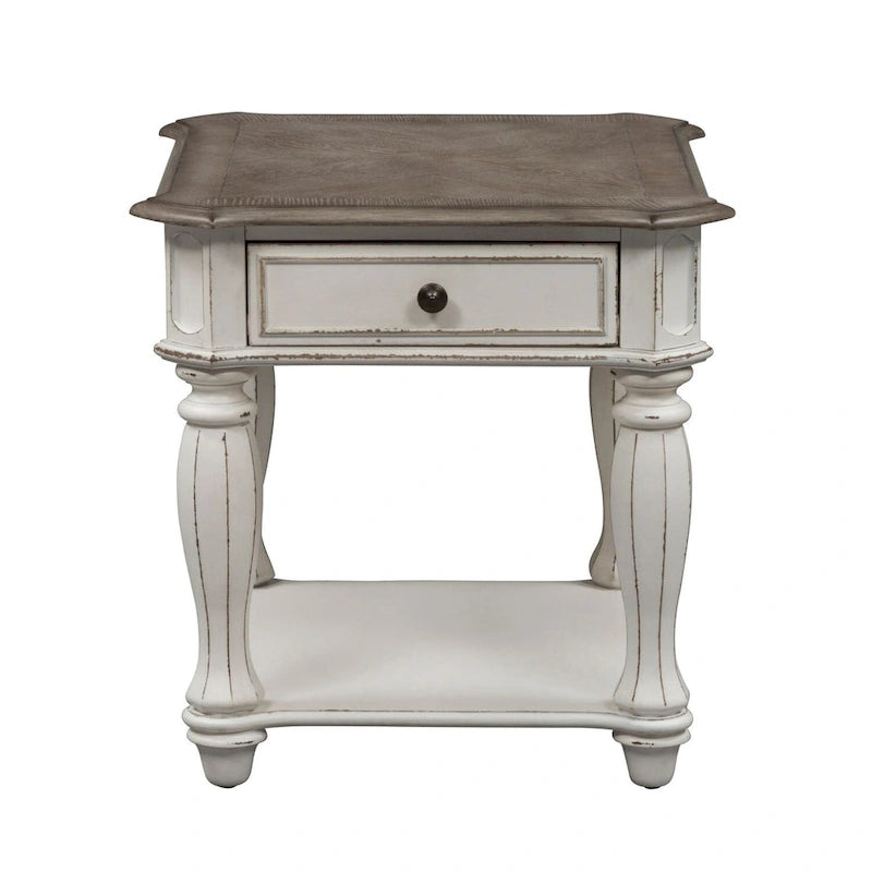 Antique White Distressed Wood End Table with Drawer and Lower Shelf