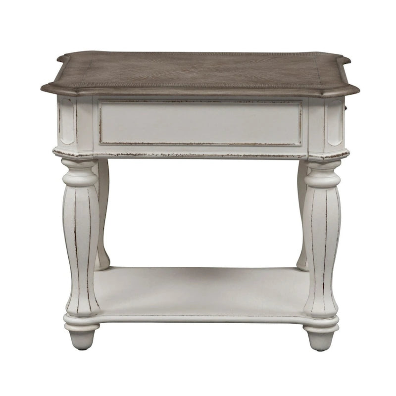 Antique White Distressed Wood End Table with Drawer and Lower Shelf