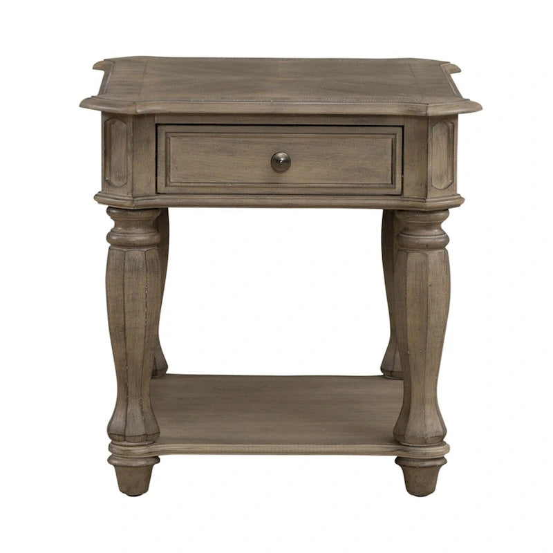 Antique White Distressed Wood End Table with Drawer and Lower Shelf